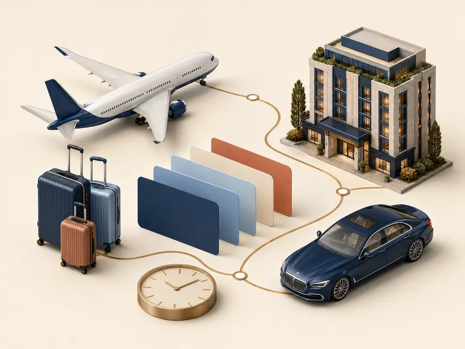 3D illustration of a complete flight journey showing an aeroplane, luggage, fare options, airport transfer, hotel and travel time